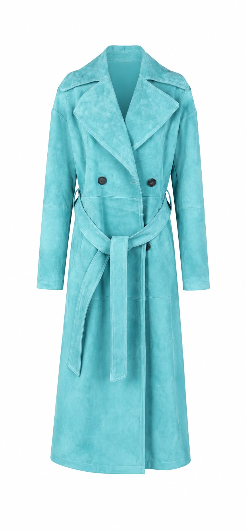 Women's Aqua Blue Suede Trench Coat – front