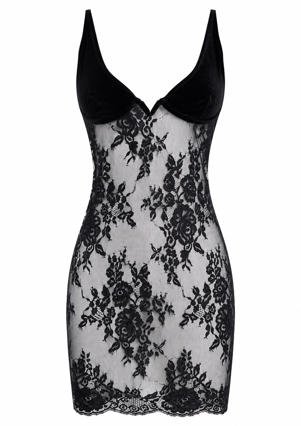 Sheer Floral Lace Mini Dress with Suede Cups – Black