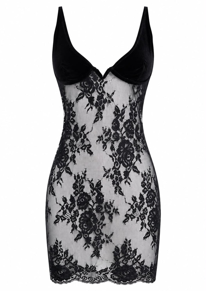 Sheer Floral Lace Mini Dress with Suede Cups – Black
