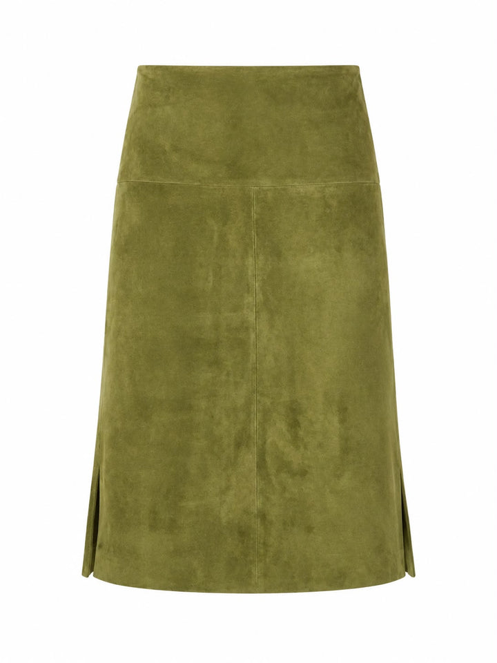 Olive Suede Midi Skirt – front and back