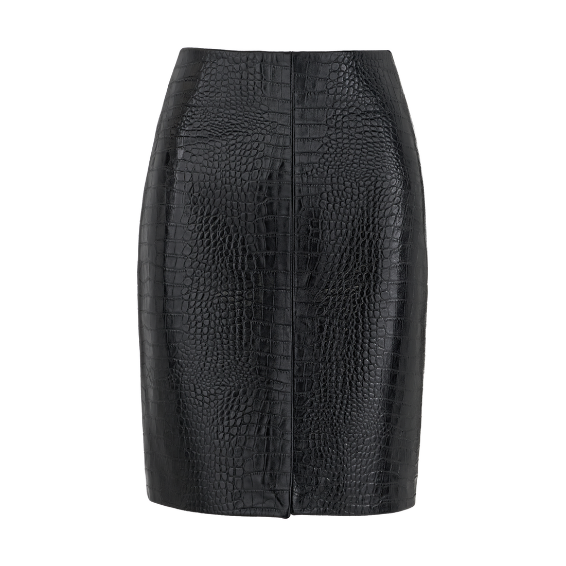 Black Croc-Embossed Leather Midi Skirt