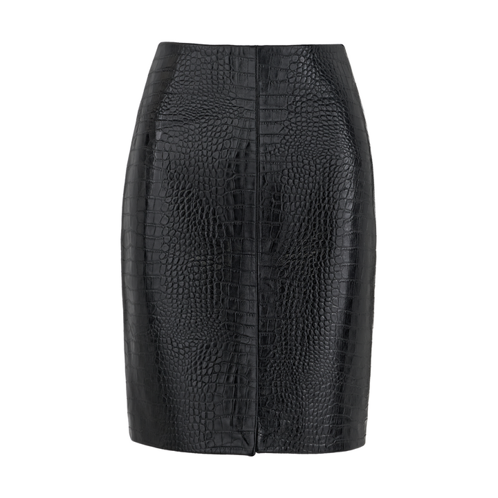 Black Croc-Embossed Leather Midi Skirt