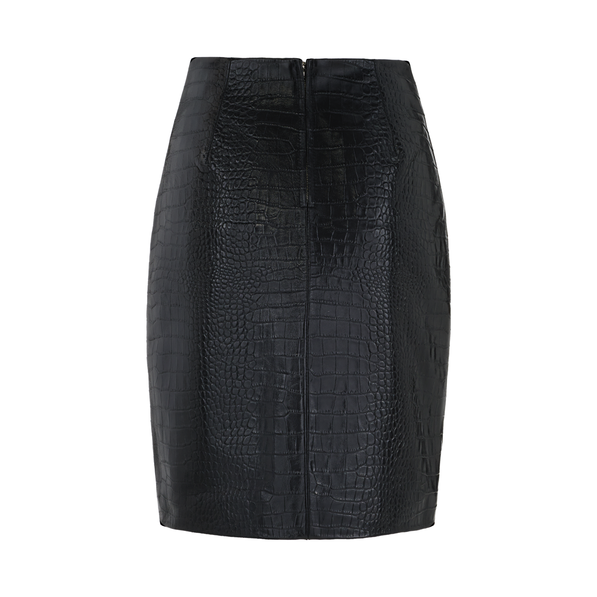 Black Croc-Embossed Leather Midi Skirt